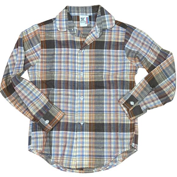 Vintage 70s Billy The Kid Tan Blue Plaid Long Sleeve Button Front Shirt 10 - Picture 1 of 3
